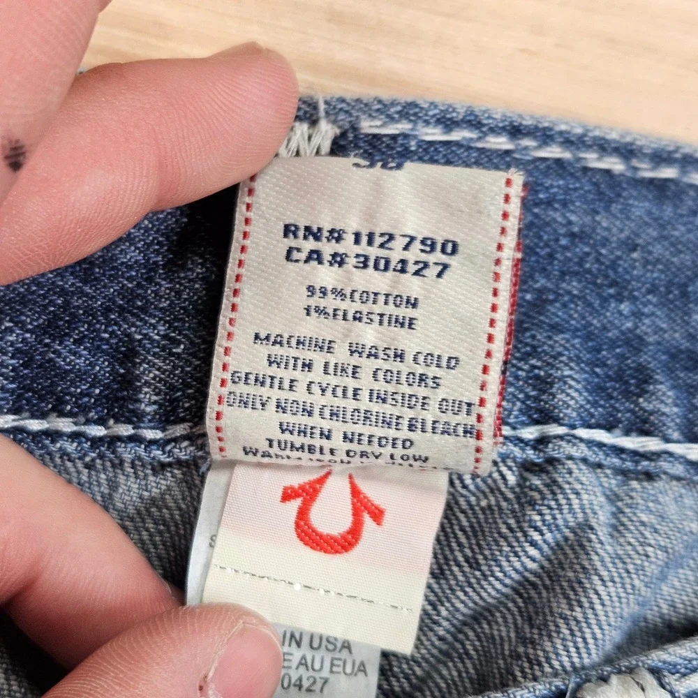 True Religion Joey Super T Men 38x30 Blue Flare Leg Contrast Stitch Distress NEW